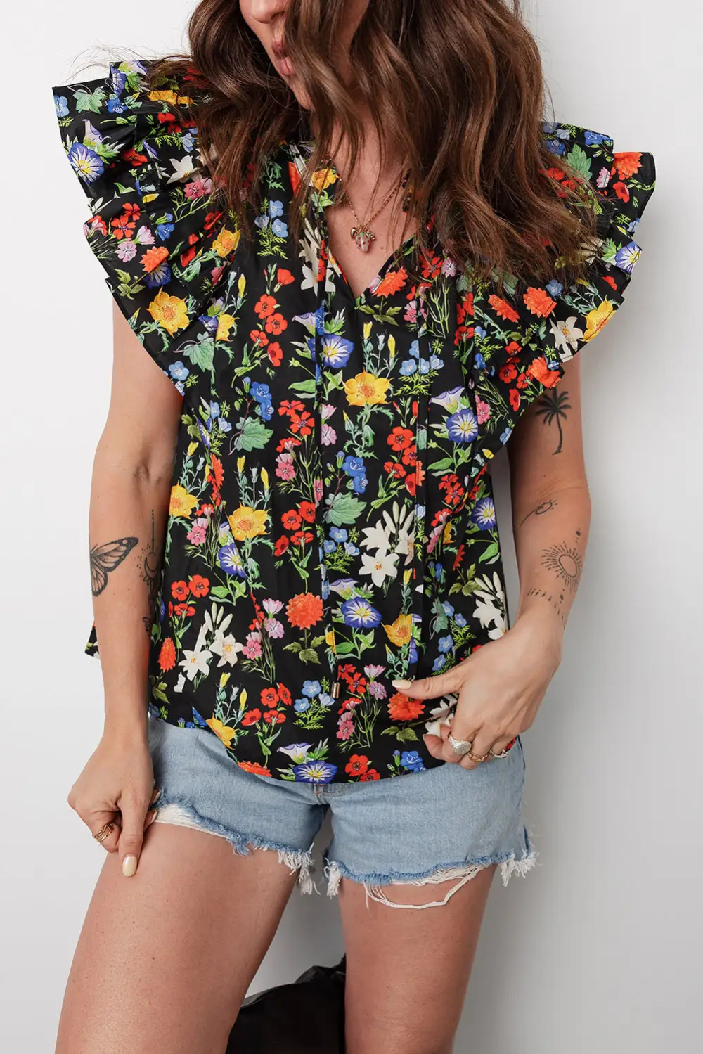 Women's Flower Motif V Neck Flutter Sleeve Top