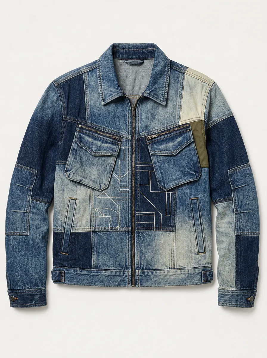 Men's Vintage Patchwork Denim Embroidered Zip-up Jacket