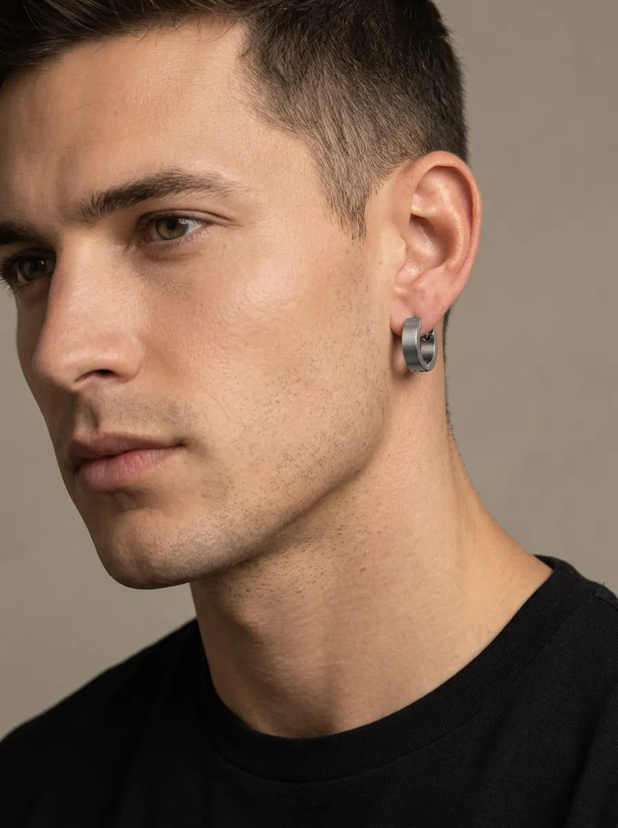 Men's Refined Brushed Stainless Steel Hoop Earring