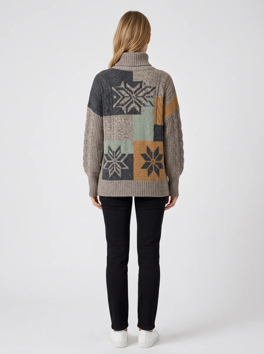 Women's Winter Snowflake Patchwork Printed Turtleneck Sweater