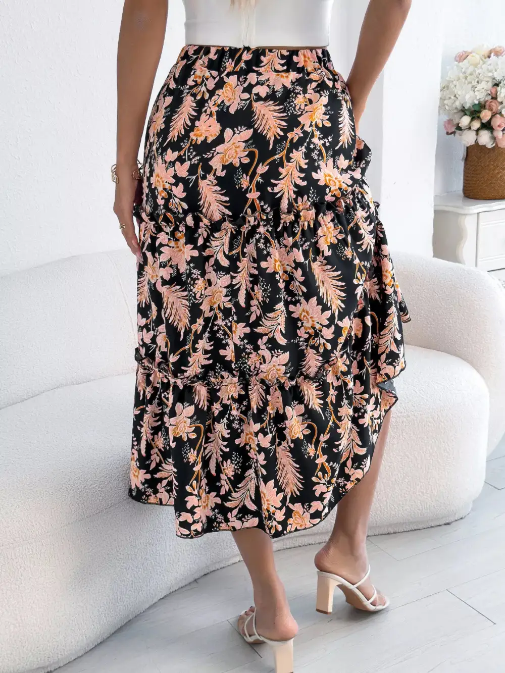 Print Ruffle Hem Flowy Midi Skirt