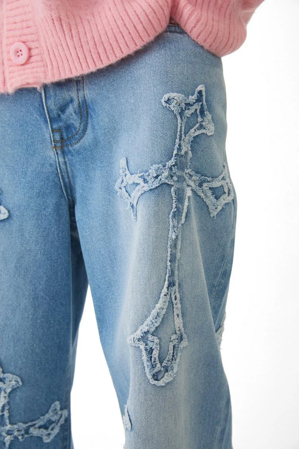 Casual Style Baggy Rigid Washed Blue Cross Applique Jeans