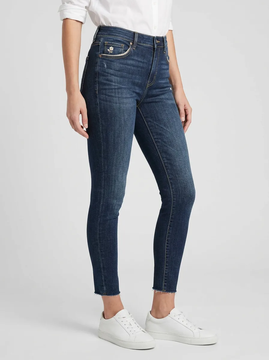 Women's Floral Embroidery High-Rise Raw Hem Printed Slim Jeans