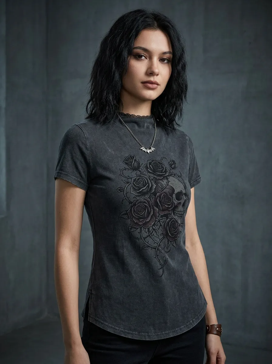 Underground Skull Rose Floral Look Women's Gothic T-Shirt