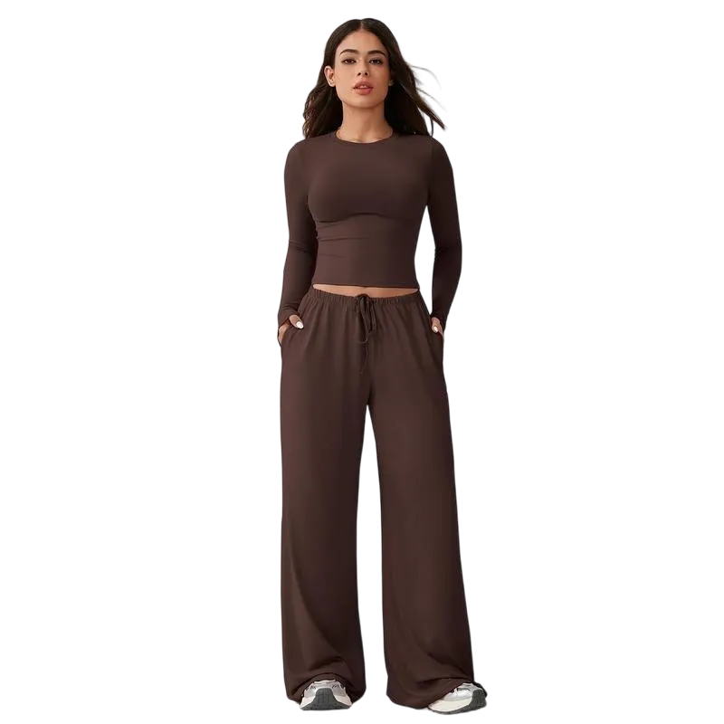 Women's two-piece tracksuit set, long-sleeved crop top and wide-leg pants