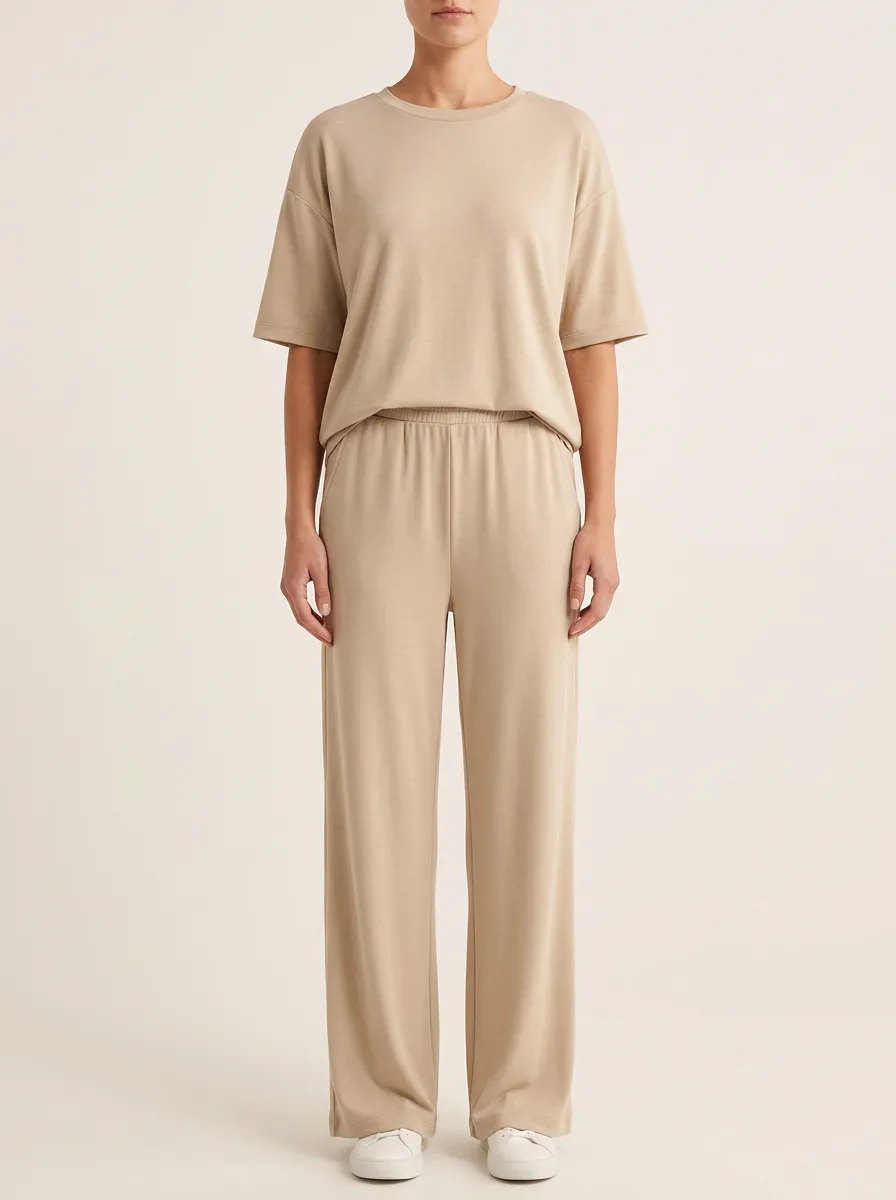Women's Short-Sleeve Drop-Shoulder Crewneck Top And Wide-Leg Trouser Lounge Set
