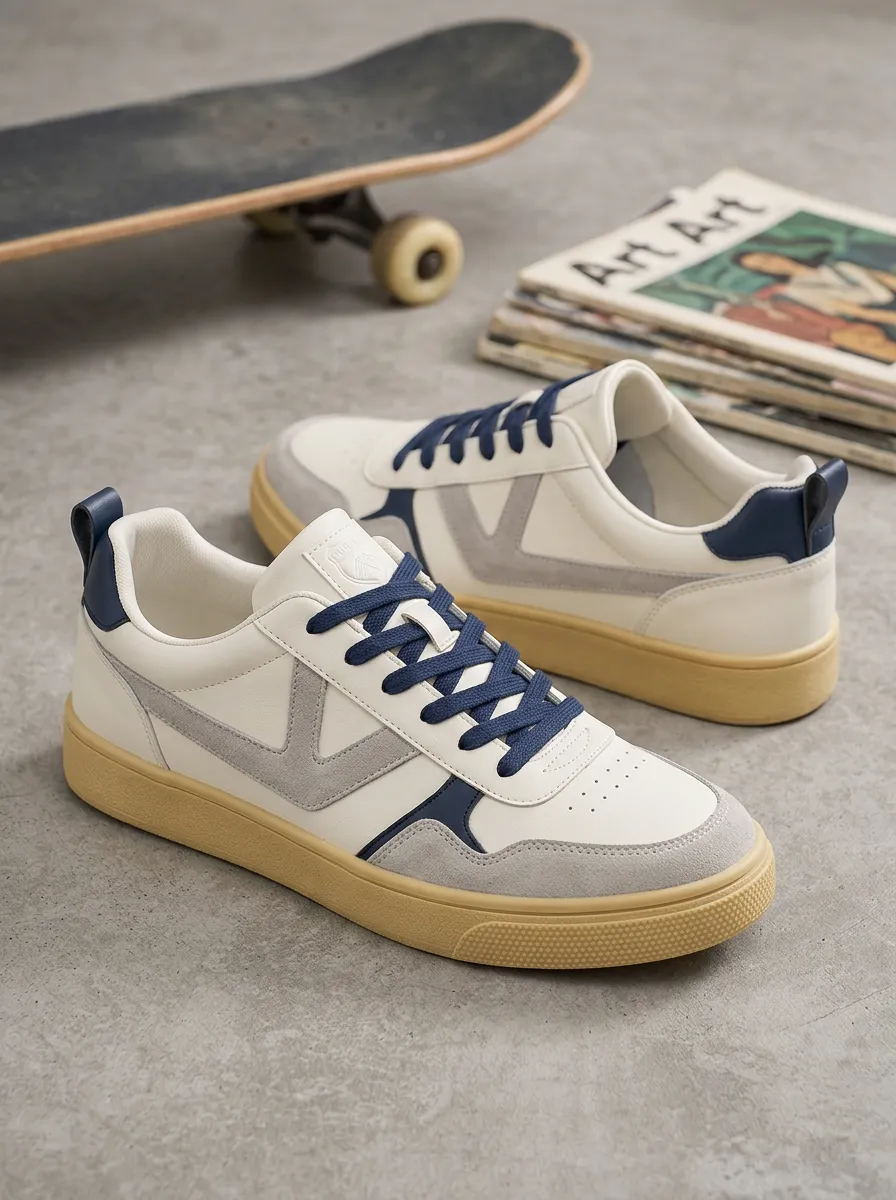 Unisex Skater Style Colorblock Suede Printed Shoes