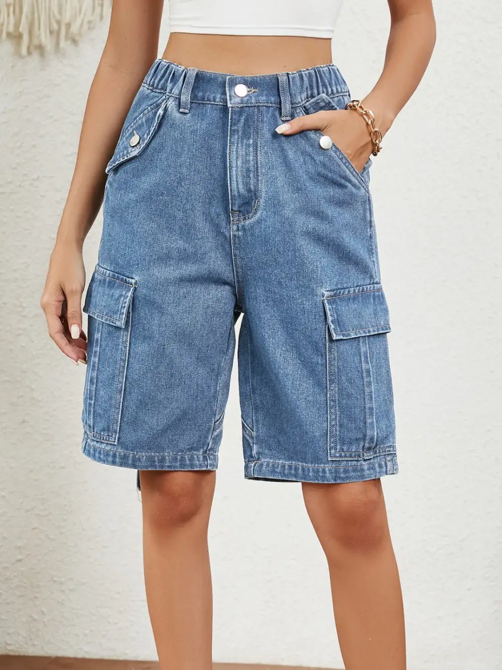 Tailored High Waist Denim Shorts with Pockets