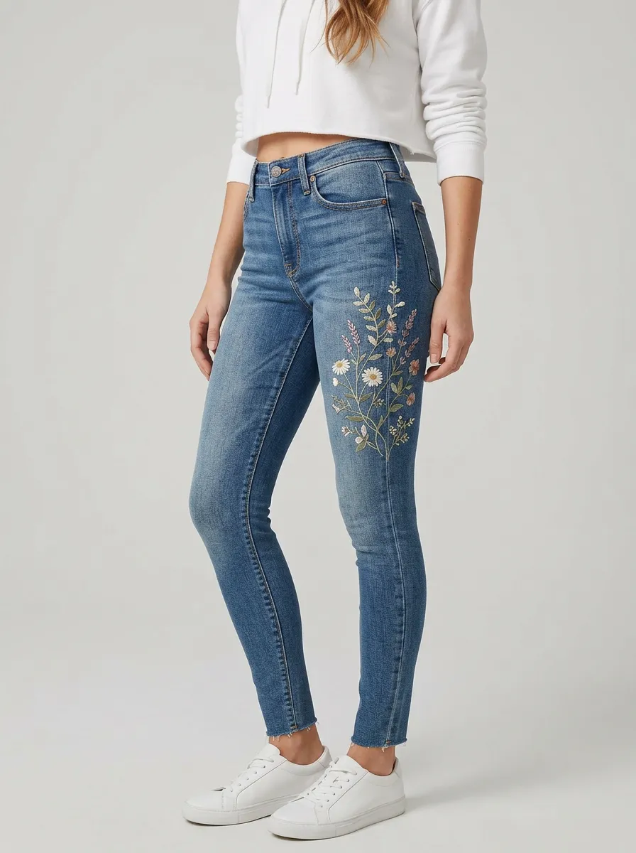 Women's Floral Daisy Wildflower Embroidered Slim Jeans