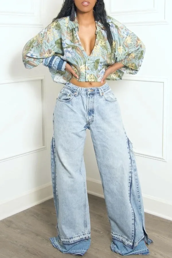 Multicolor Washed Patchwork Irregular Wide-Leg Jeans
