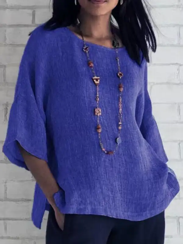 Linen Three Quarter Sleeves Panel Detail Side Slit Round Neck T-Shirt