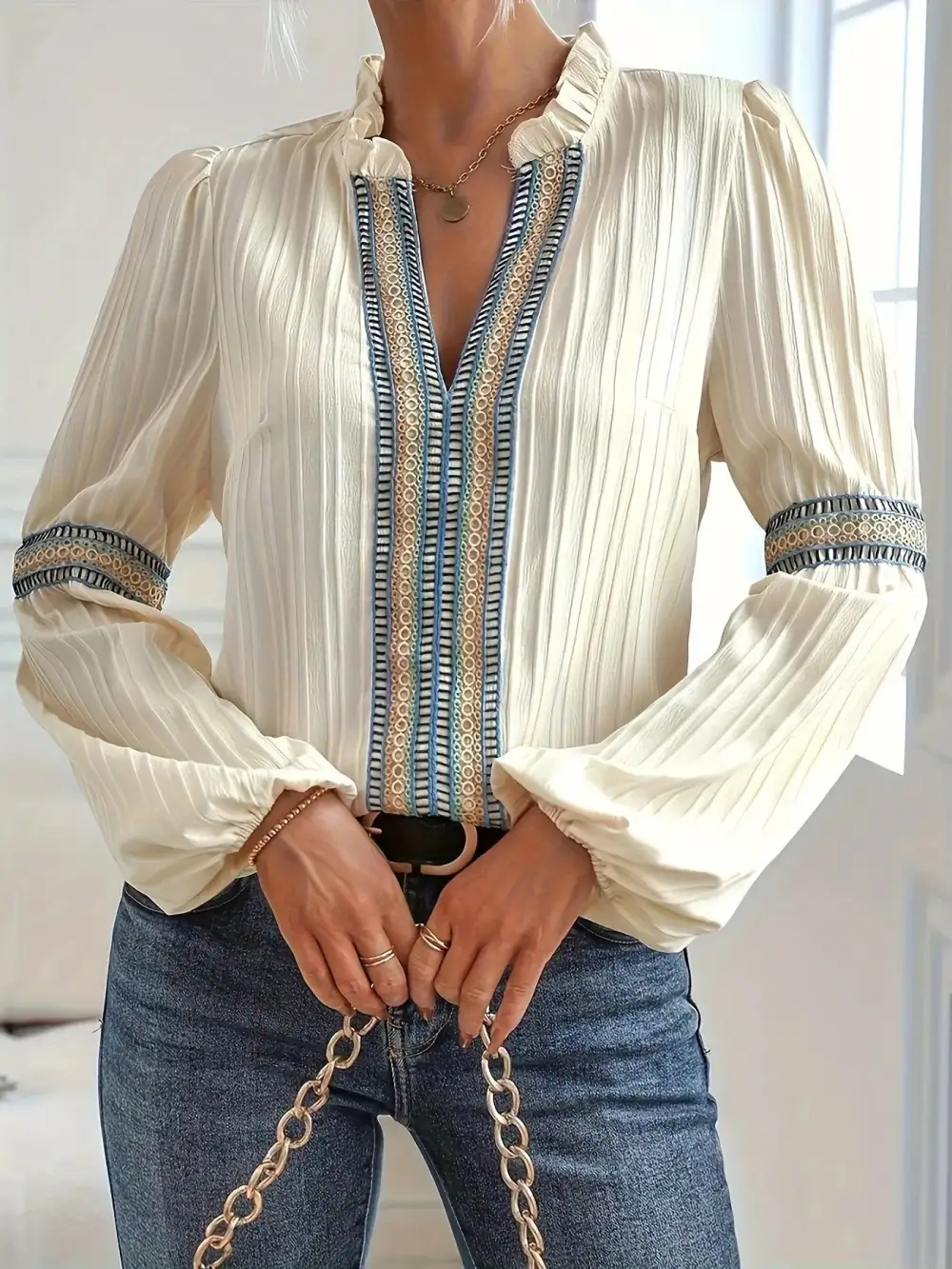 Refined Notched-Neck Balloon-Sleeve Blouse