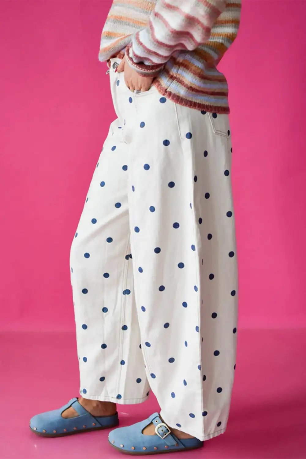 Polka Dot Relaxed Fit Barrel Leg Cropped Casual Jeans