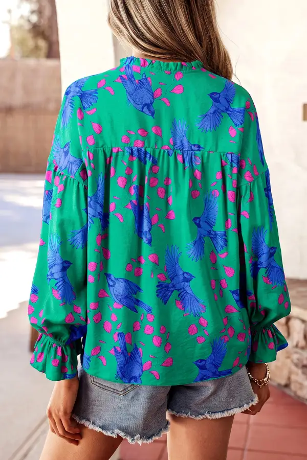 Women's Abstract Print V Neck Puff Sleeve Top