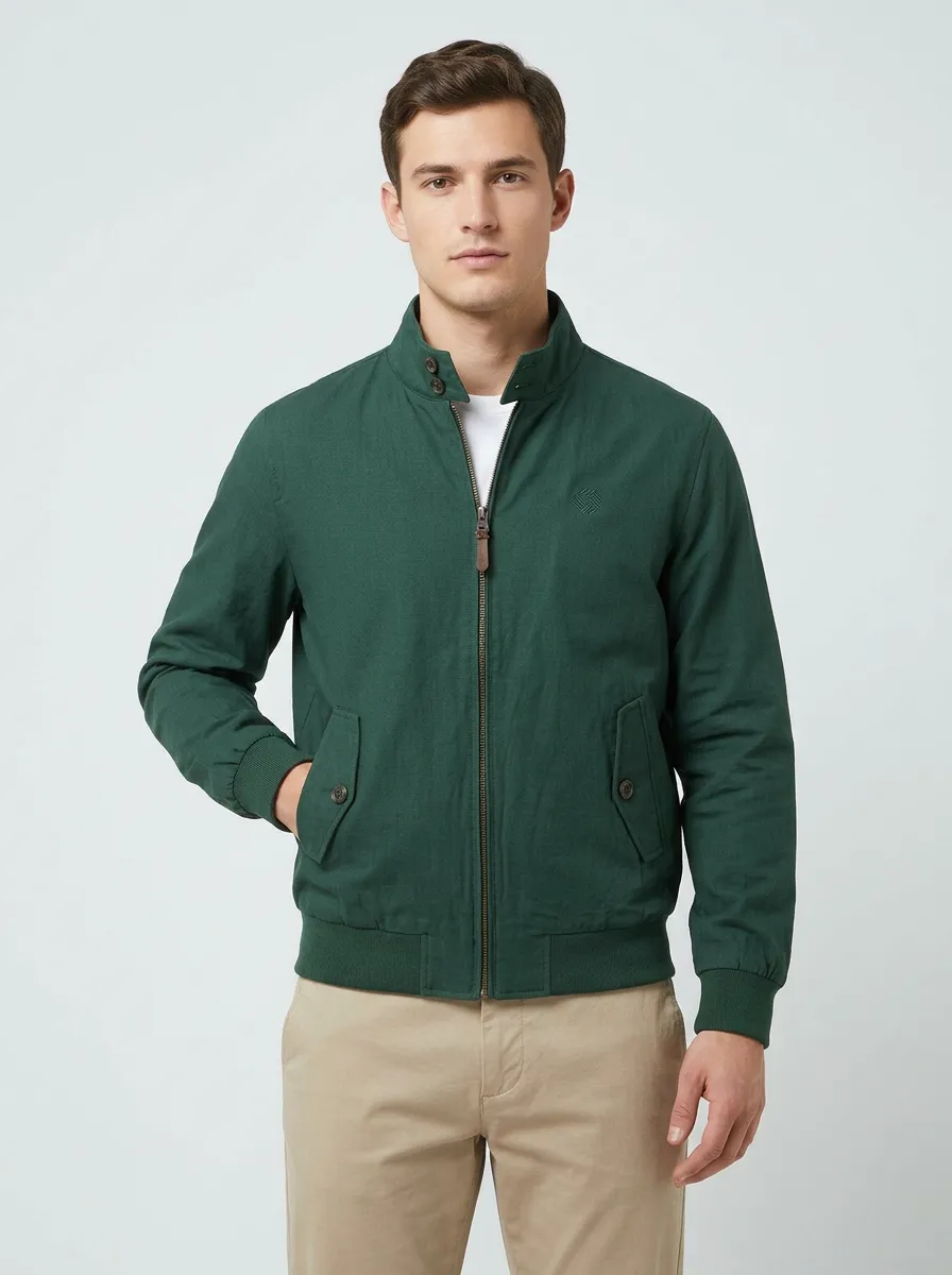 Men's Casual Minimalist Green Stand Collar Zip-Up Jacket