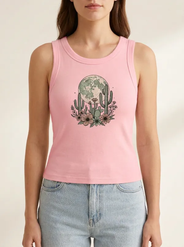 Western Cactus Moon Floral Built-In Bra Tank Top