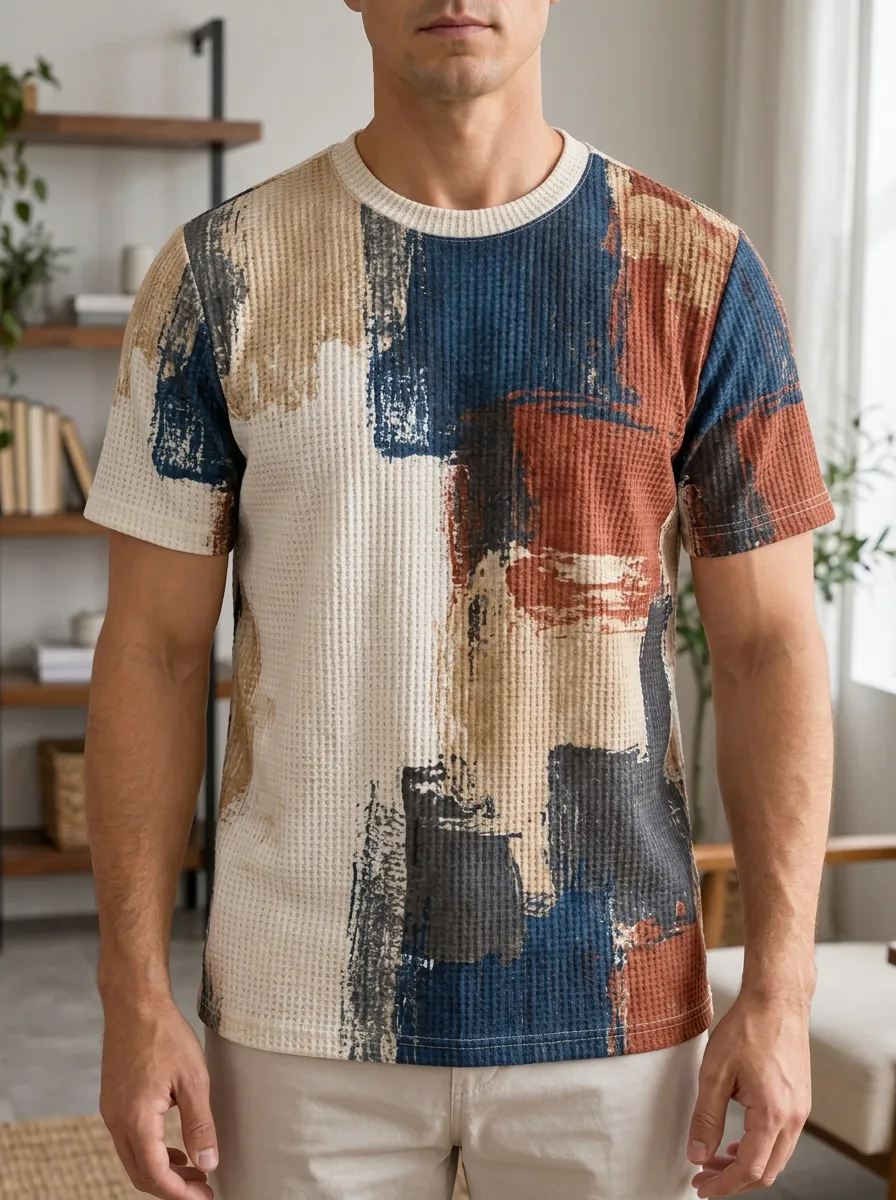 Men's Abstract Art Waffle Knit Signature Crew Neck T-Shirt