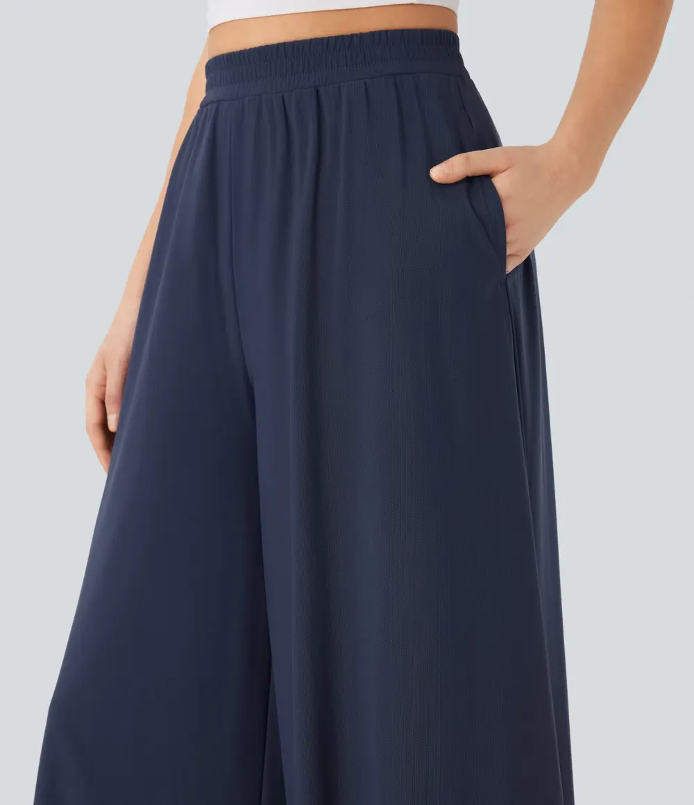 High Waisted Pocket Mesh Overlay Wide Leg Casual Pants