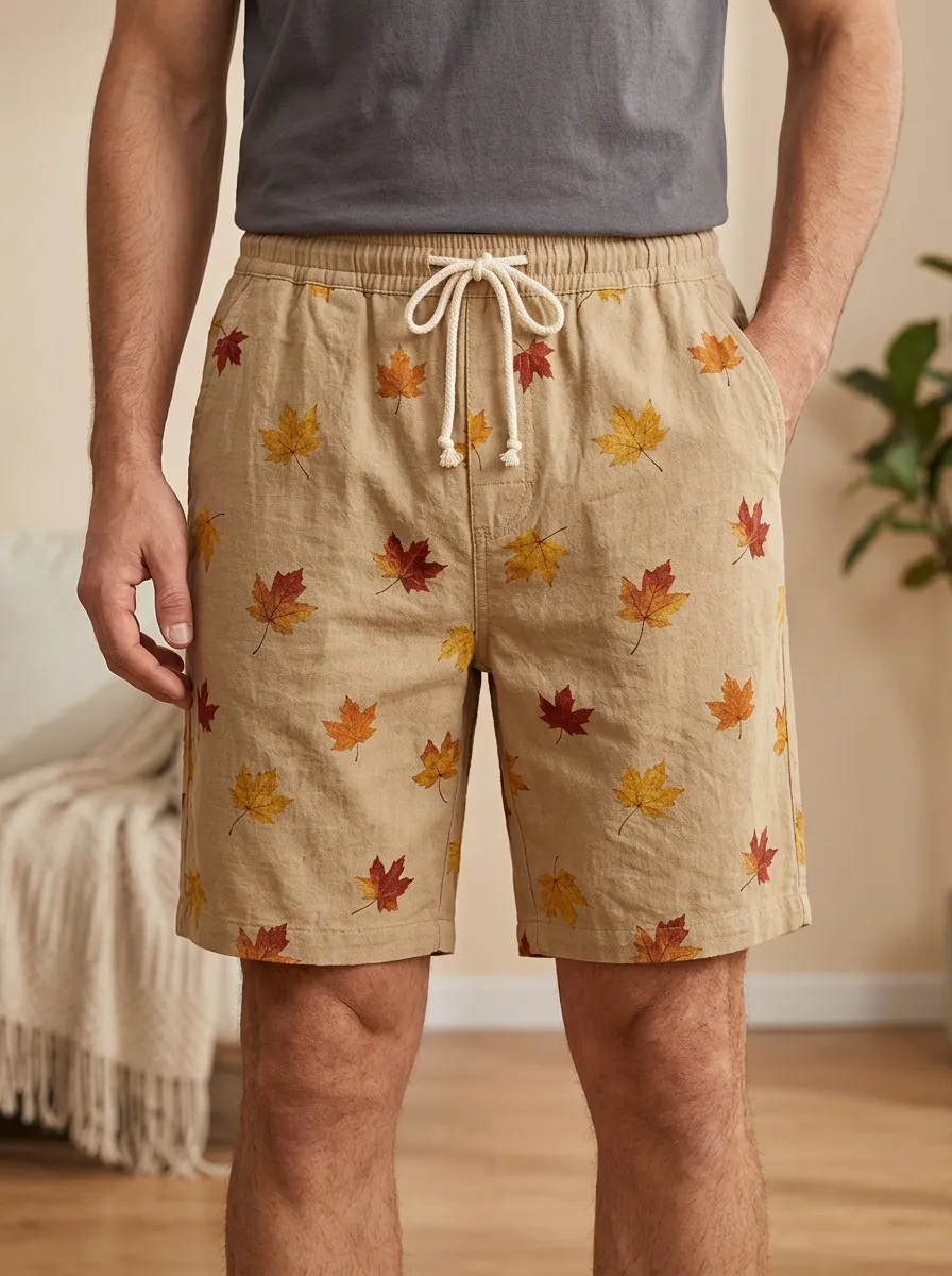 Maple Leaf Print Drawstring Neutral Shorts