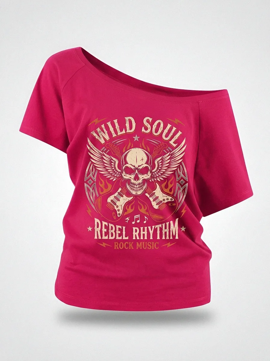 Women's Rock Music Lover Skull Guitar Wings Printed Off-Shoulder T-shirt