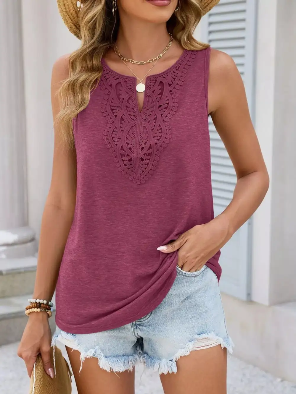 Lace Trim Sleeveless Tank Top