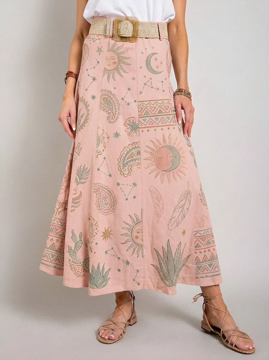 Women's Bohemian Celestial Sun Moon Paisley Printed Midi Skirt