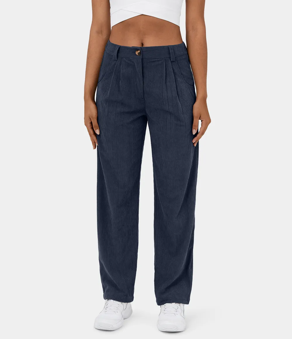Mid Rise Button Zipper Side Pocket Corduroy Casual Pants