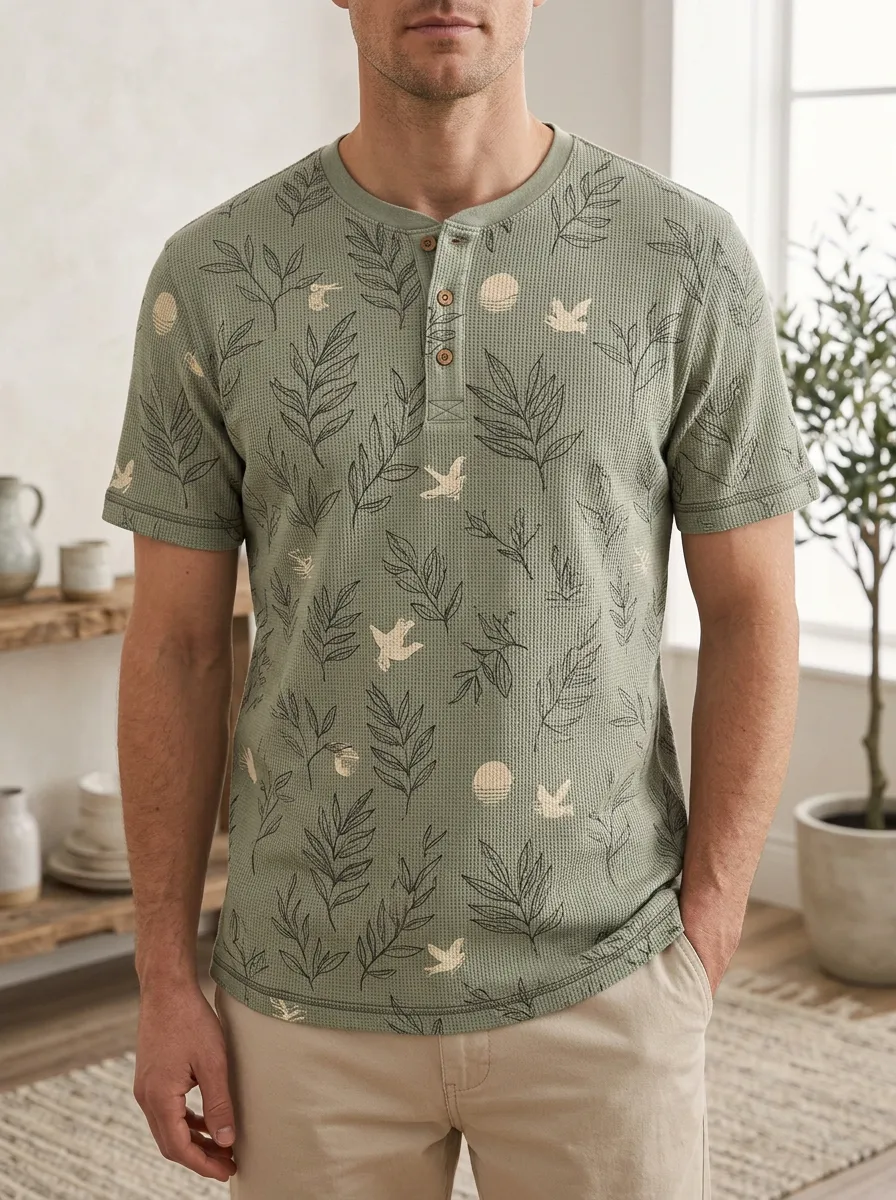 Men's Classic Nature Lover Botanical Bird Waffle Henley T-Shirt