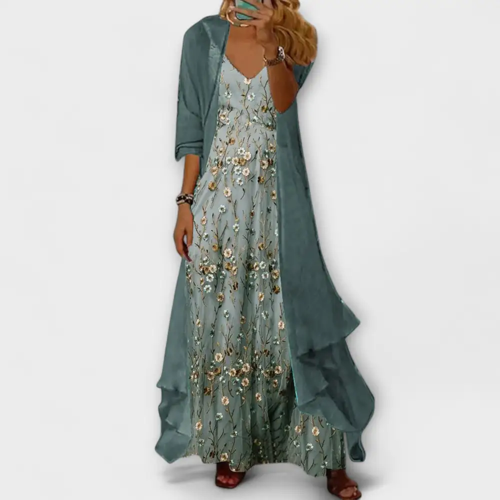 Jacket Floral Maxi Dress Two Piece Set