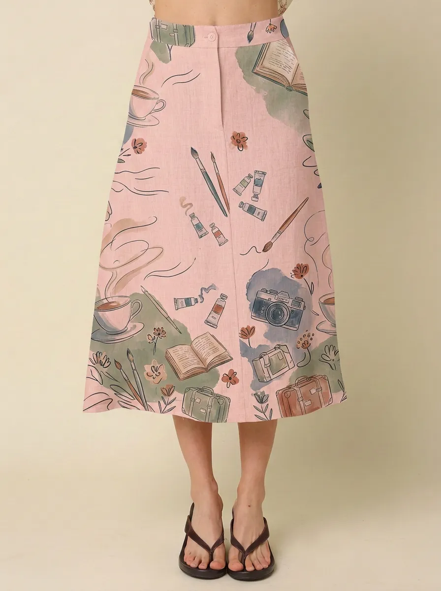 Women's Artist Hobby Coffee Book Camera Printed Skirt