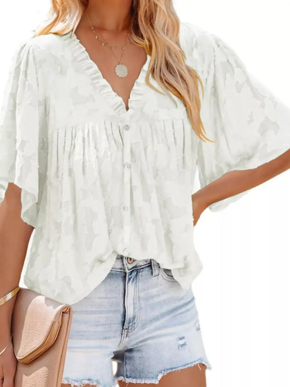 Textured V-Neck Button-Down Shirt
