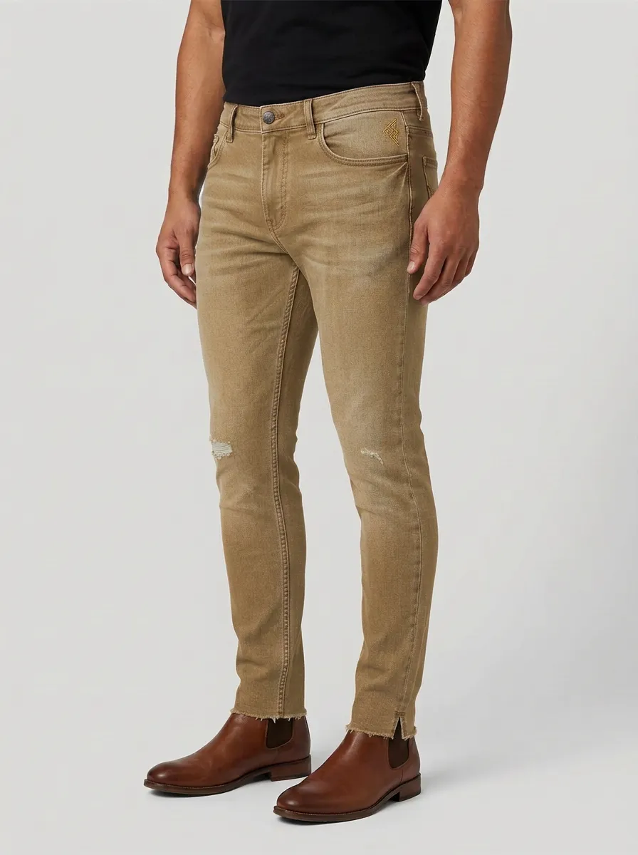Men's Distressed Faded Blue Embroidered Emblem Slim-Fit Jeans
