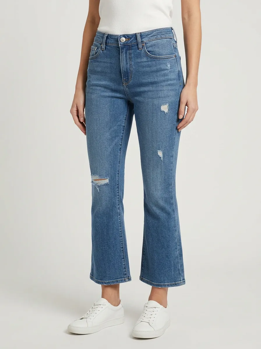 Women's Mid-Rise Upper-Thigh Distressed Cropped Flare Jeans