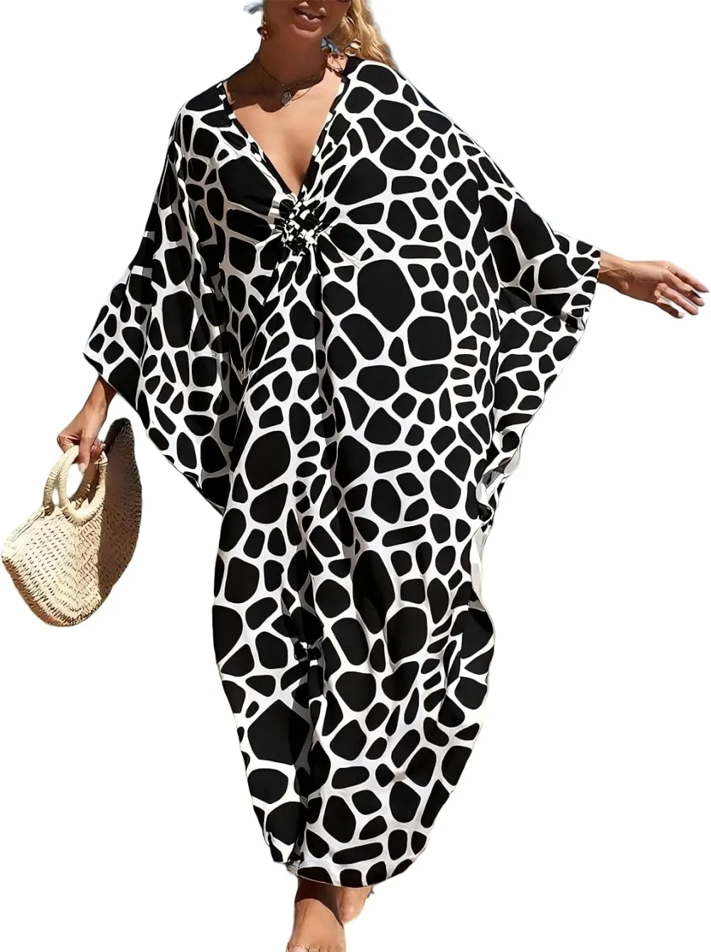 IMAGEKOPE Kaftan Dresses for Women Plus Size V-Neck Moo Moos Batwing Kaftan Beach Dress Bathing Suit Cover-Up Loungewear