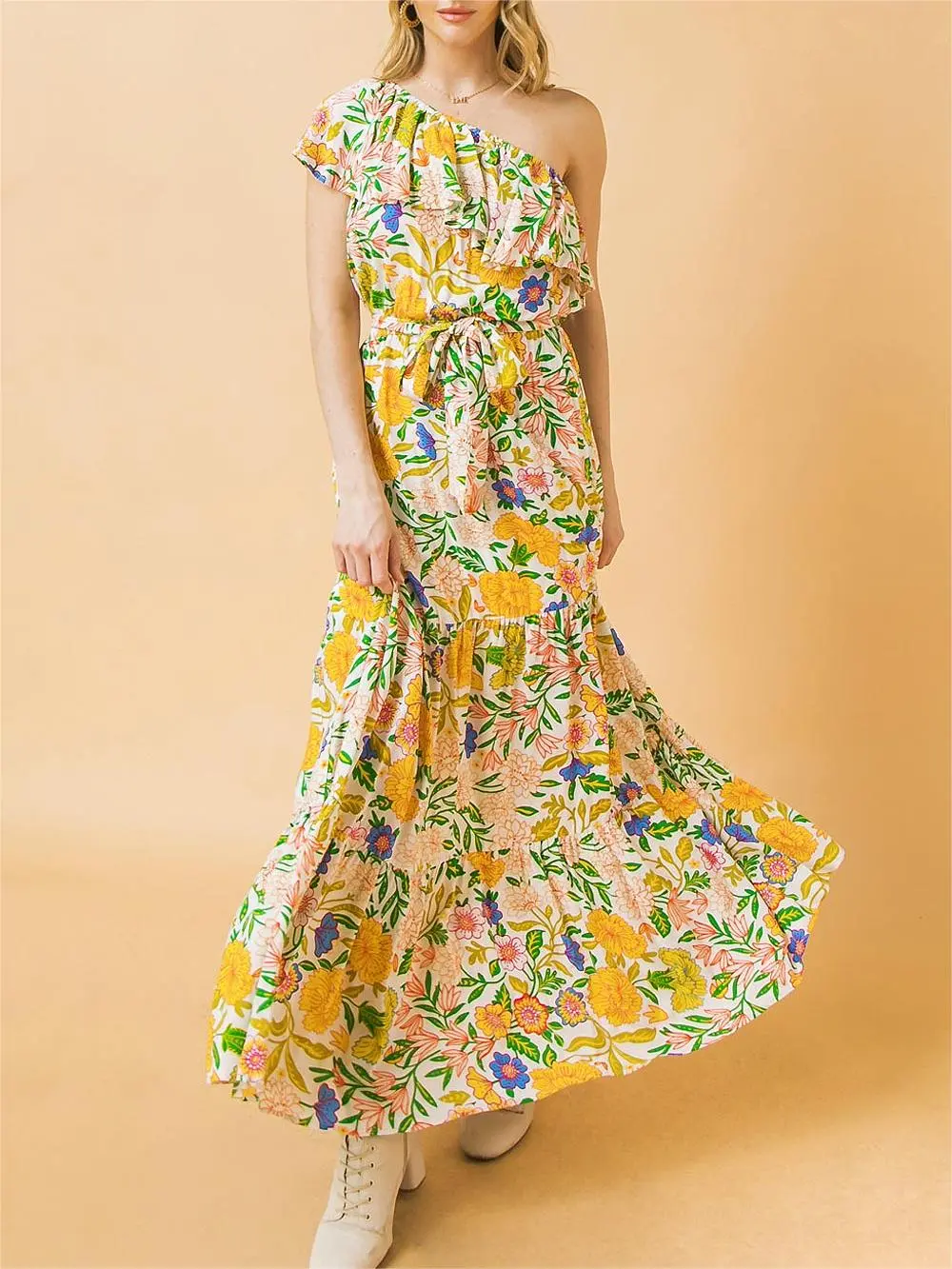 Ruffled One Shoulder Maxi Dress