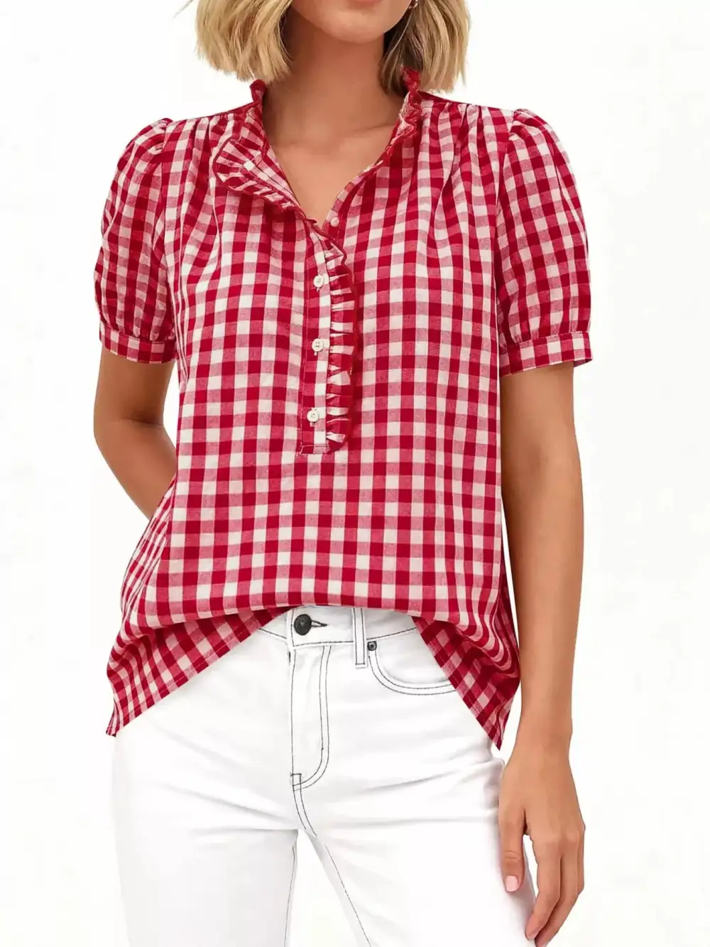 Gingham Button-Front Puff Sleeve Blouse