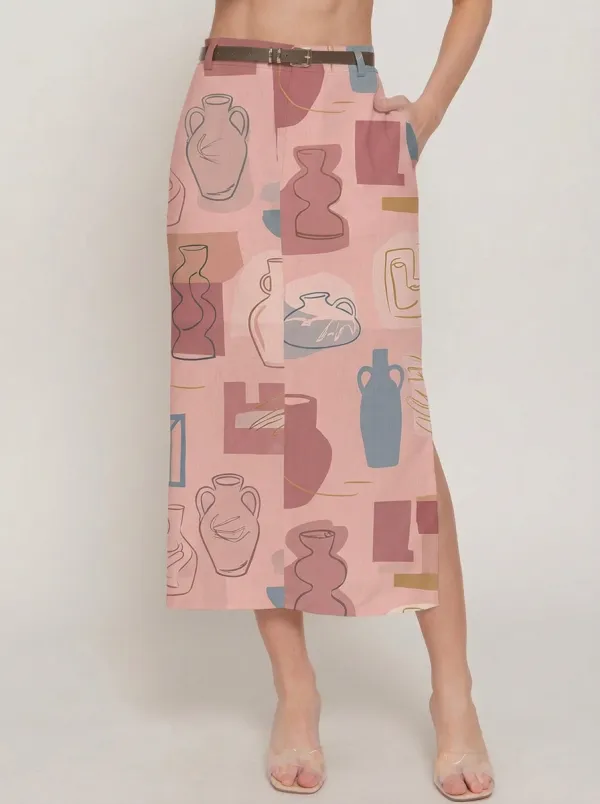 Women's Abstract Art Vase Pattern Printed Midi Skirt