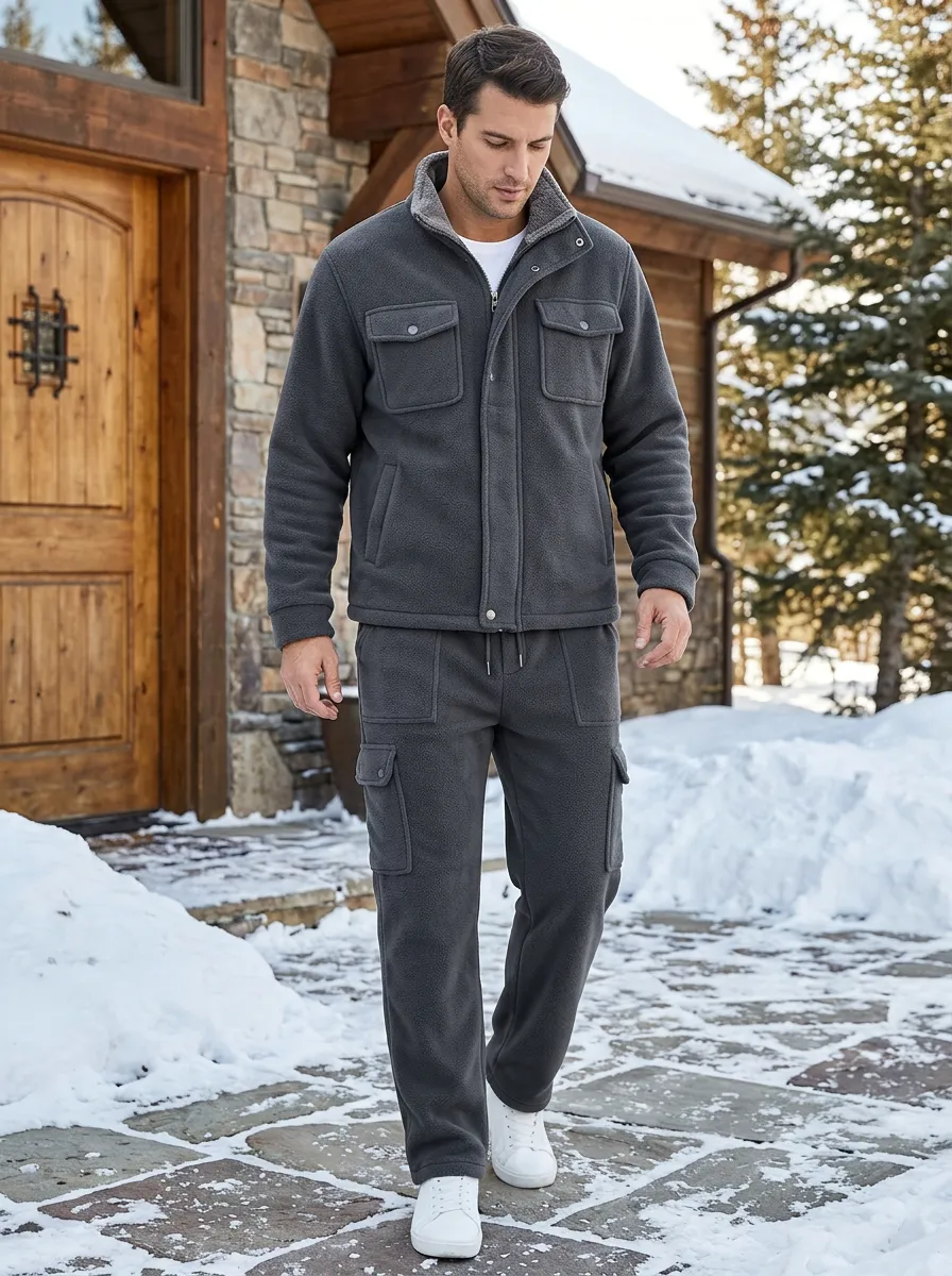 Men's Winter Fleece-Lined Jacket and Jogger Set with Snap Placket