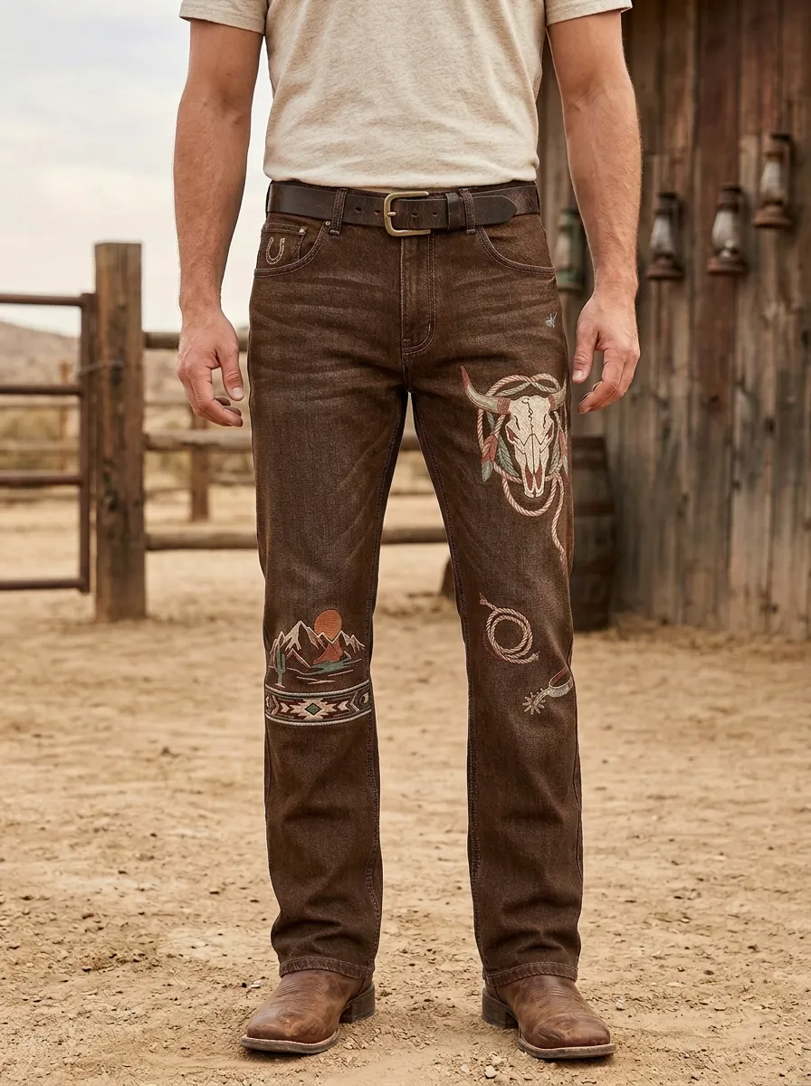 Men's Western Cowboy Skull Mountain Jeans