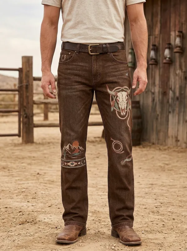 Men's Western Cowboy Skull Mountain Jeans