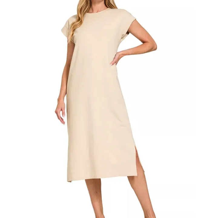 Round Round Neck Side Slit Midi Dress