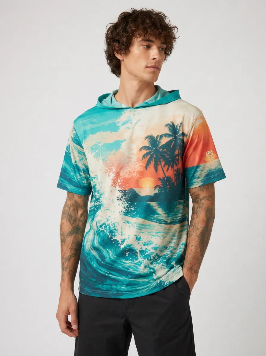 Men's Tropical Print Short Sleeve Hoodie with All-Over graphic print featuring palm trees, ocean waves, and sunset motifs