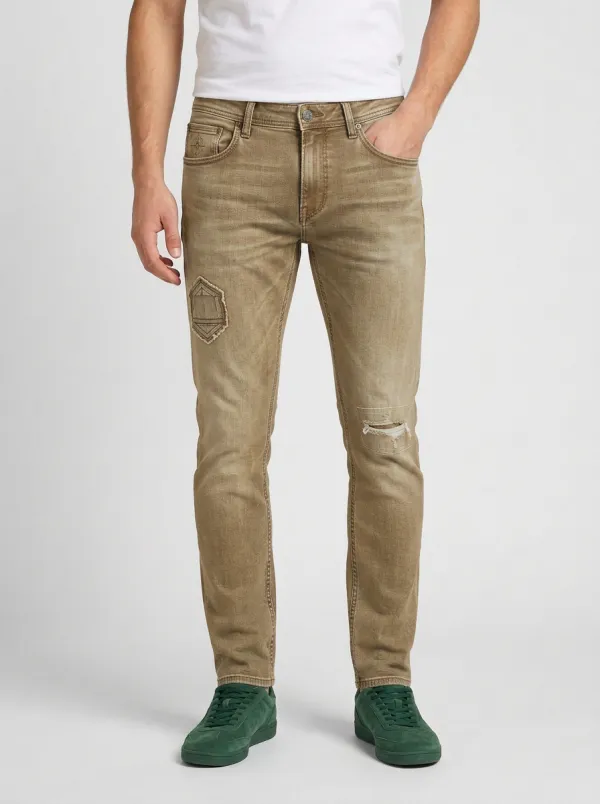 Men's Distressed Patchwork Faded Blue Slim-Fit Jeans