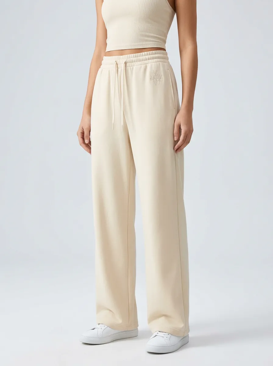 Women's Minimalist Beige Leaf Embroidered Sweatpants