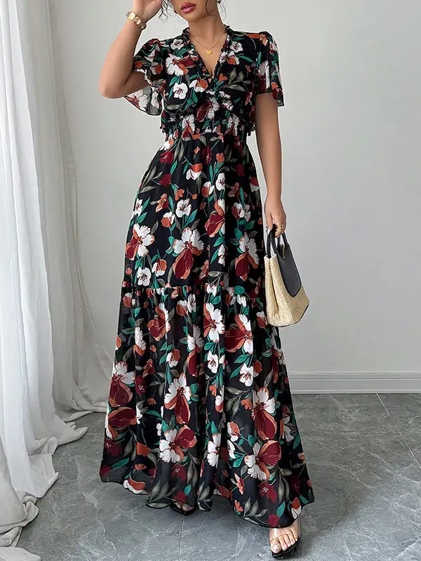 Loose Elasticity Pleated Neck Maxi Dress