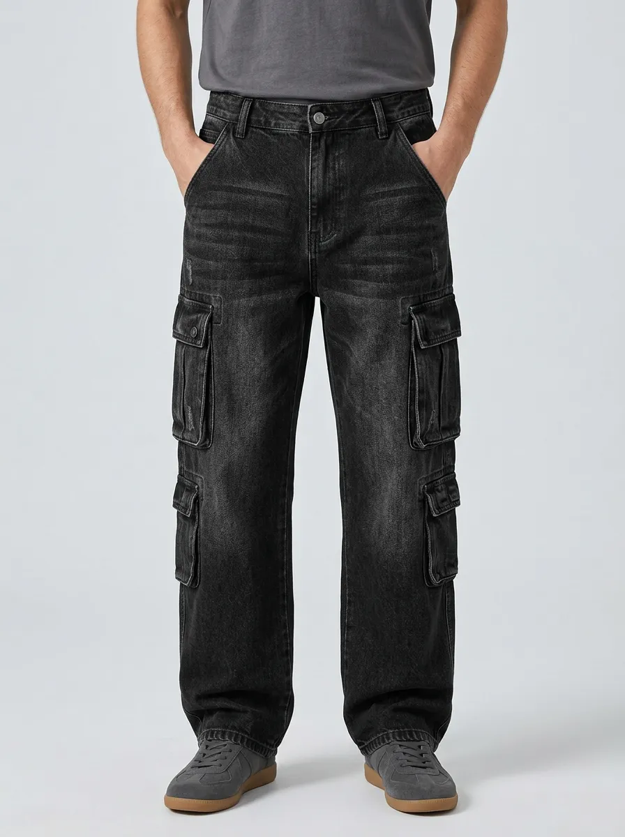 Men's Washed Black Multi-Pocket Cargo Lower Leg Cargo Pocket Cargo Pants