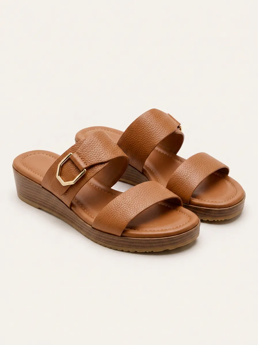 Women's Casual Summer Brown Pebble Leather Buckle Wedge Sandals
