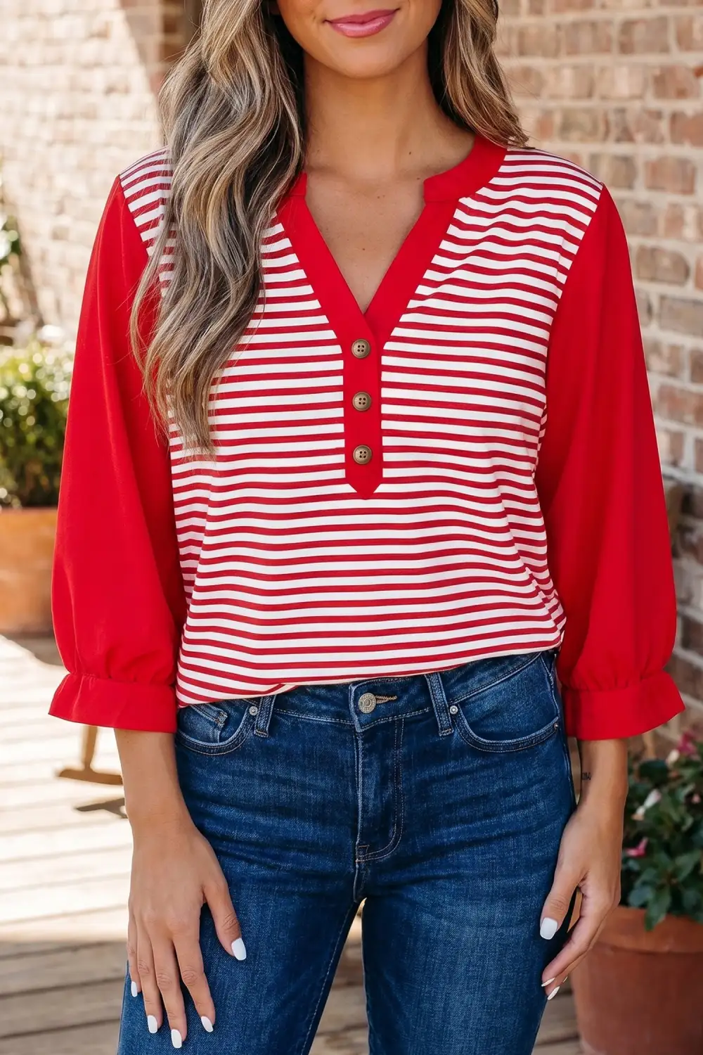 Women's Striped V Neck Three Quarter Sleeve Top