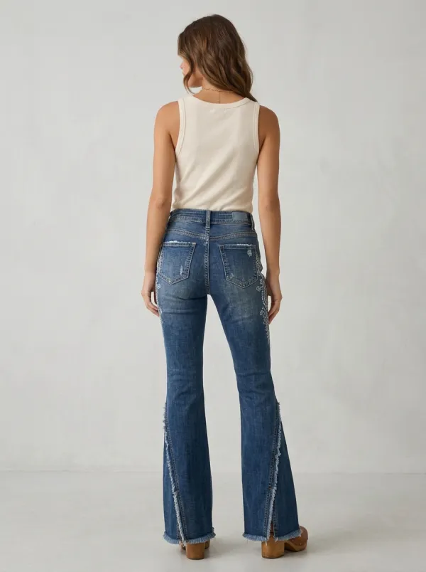Women's Western Boho Embroidered Frayed Hem Printed Flare Jeans