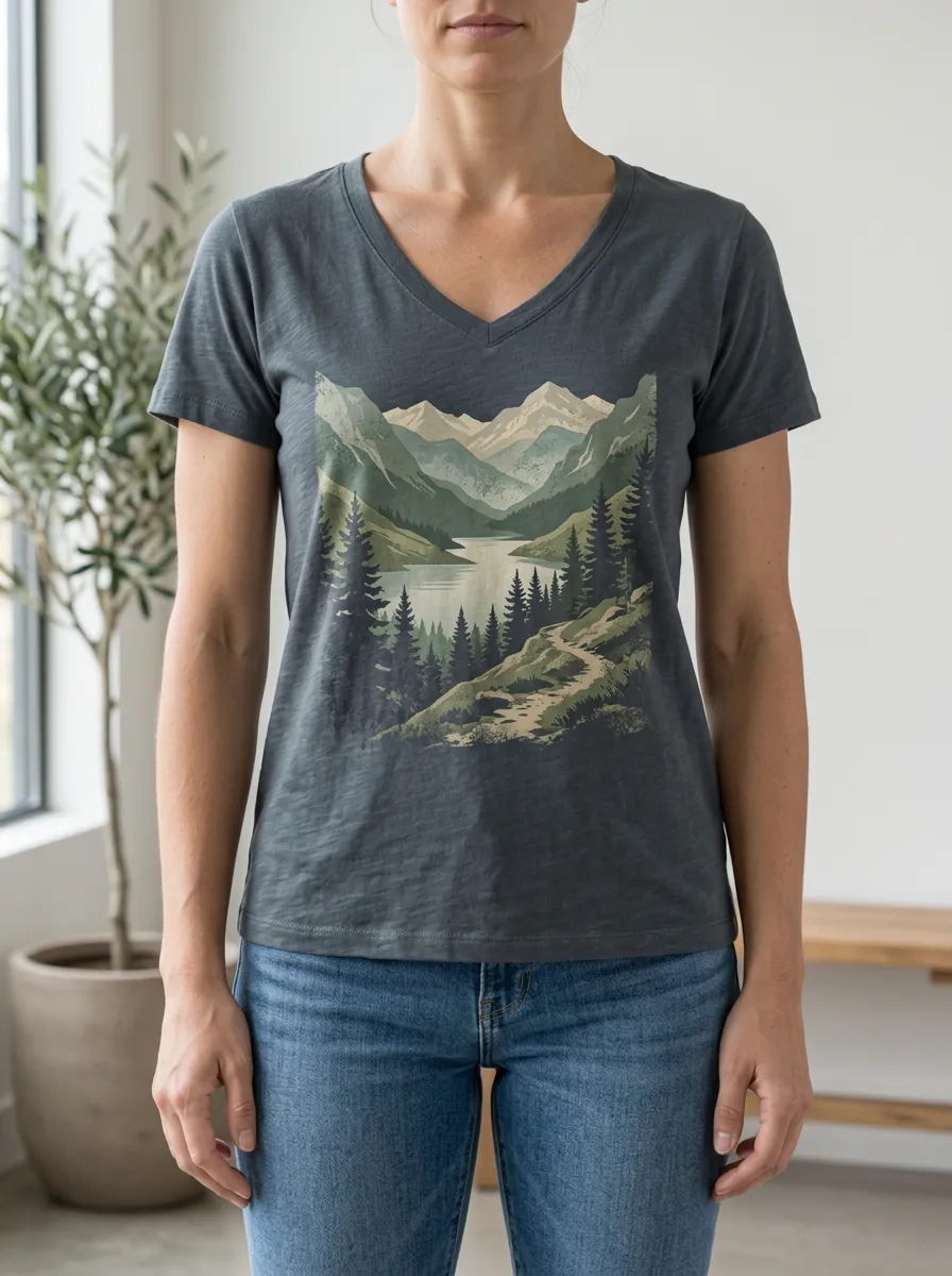 Women's Mountain Nature Lover Mountain Lake Forest V-Neck T-Shirt